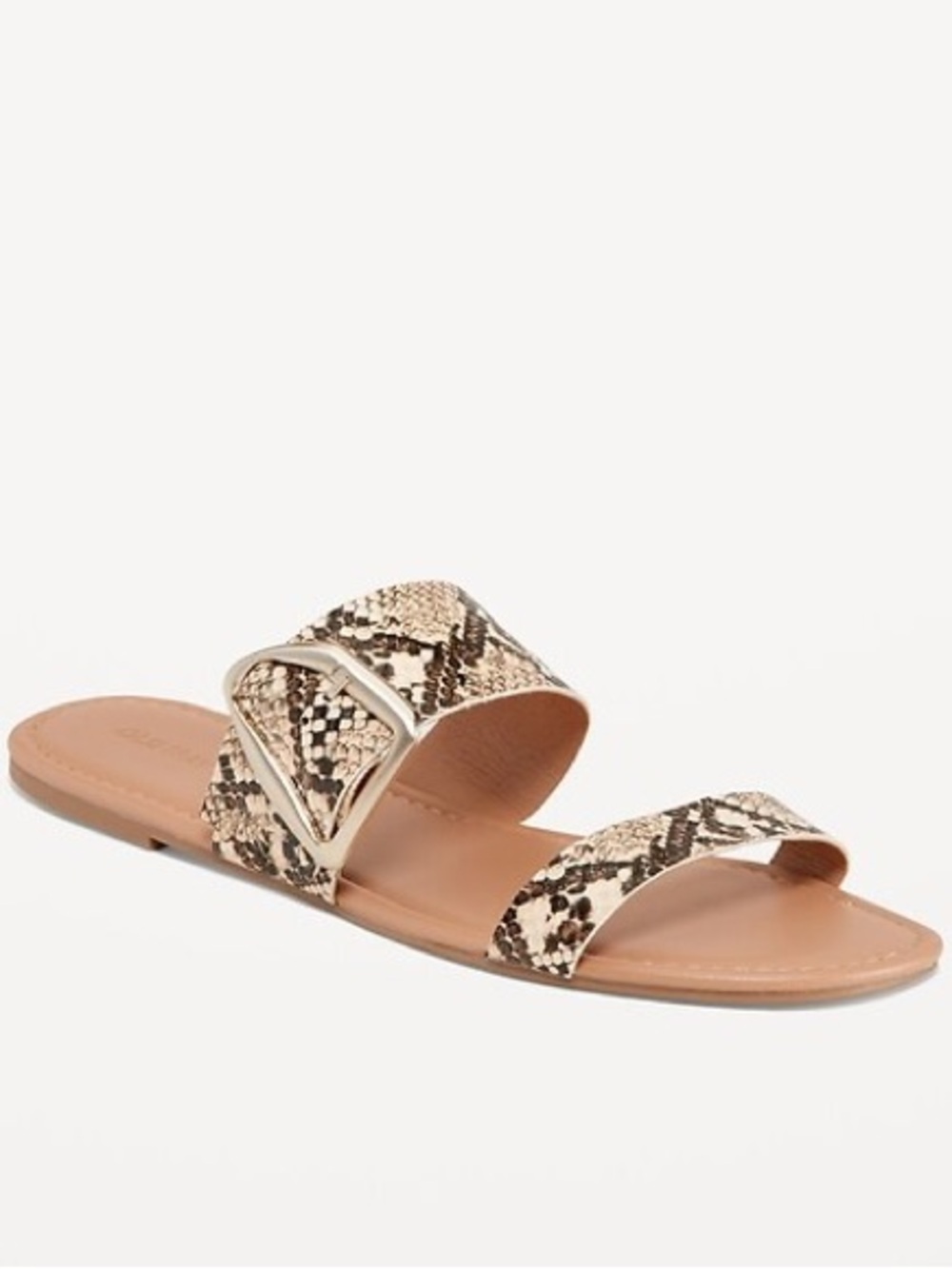 Faux-Leather Double-Strap Metal-Hardware Sandals in Neutral Snake Print Size 8.5